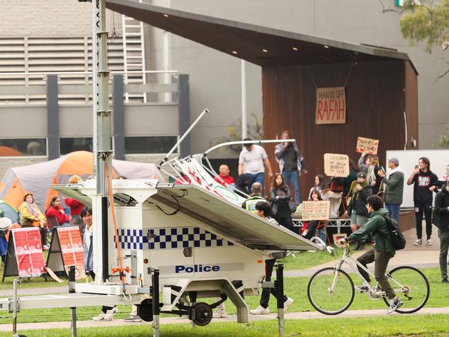 Gaza Solidarity Encampment at Monash Uni Clayton. Police have erected a VIC POL security camera. Picture: Jason Edwards