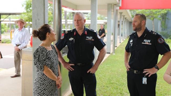 NT Chief Minister Lia Finocchiaro discusses Operation Angove with assistant commissioner Matt Hollamby and superintendent Rick Magree. Picture: Sam Lowe