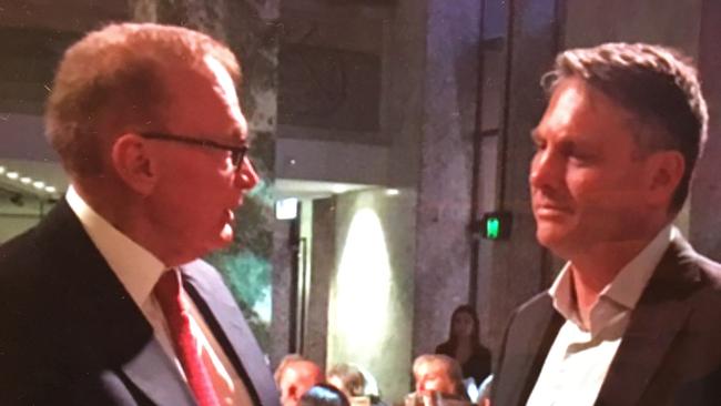 Old China Hands: Bob Carr and Richard Marles shoot the breeze at Graham Richardson's 70th Birthday. Picture: Supplied