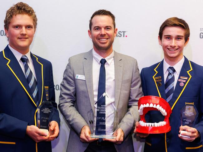 Bradley Cox and Caleb Yates with Emmanuel Collège Dean of Faculty Eli Shambrook at the Mayor’s Technology and Innovation Awards. Picture: Supplied