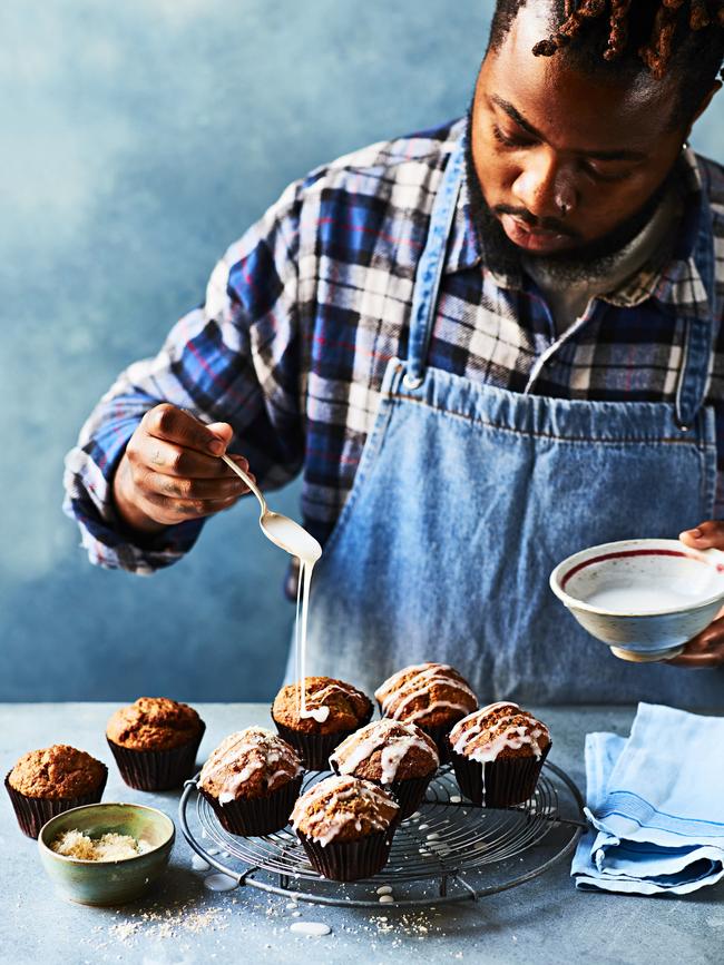 Nathaniel Smith baking his banana coconut muffins. Photography by Steven Joyce