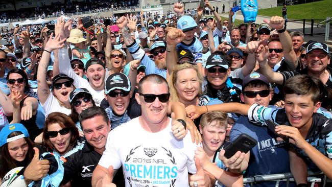 Paul Gallen celebrates Cronulla’s NRL premiership with fans today. Picture: Stephen Cooper