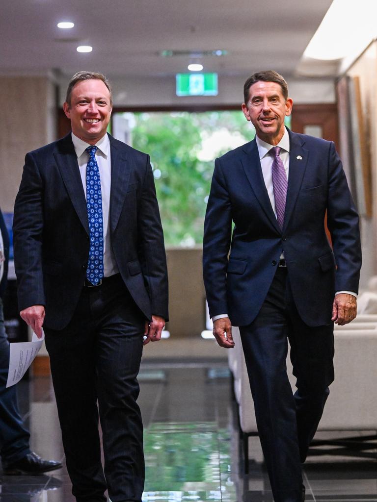 Mr Dick (right, pictured with Premier Steven Miles) said Queenslanders would receive $1300 off their electricity bills in the form of a state government-funded $1000 rebate and a $300 federal one paid quarterly. Picture: NewsWire / Dan Peled