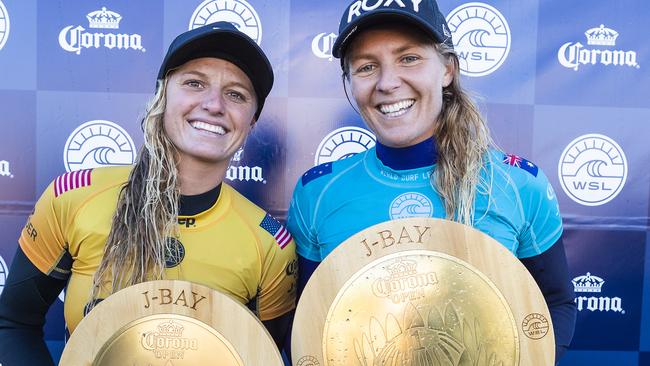 Lakey Peterson, left, finished runner-up to Stephanie Gilmore at the J-Bay Open at Supertubes this year.