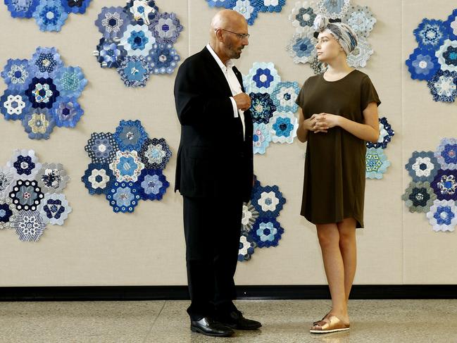 Senator Arthur Sinodinos with Laura Opie who is currently receiving treatment for a rare ewing sarcoma. Picture: John Appleyard