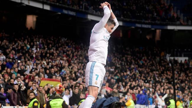 Real Madrid's Cristiano Ronaldo has just scored the 0-1 leading goal during  the Spanish La Liga football match, Elche FC Vs Real Madrid CF at Estadio  Manuel Martinez Valero in Elche, Spain