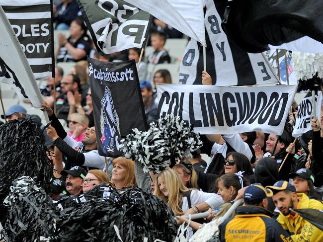 Collingwood fans celebrate a goal, during the Round 6 AFL match between the Geelong Cats and the Collingwood Magpies at the MCG in Melbourne, Sunday, April 30, 2017. (AAP Image/Joe Castro) NO ARCHIVING, EDITORIAL USE ONLY