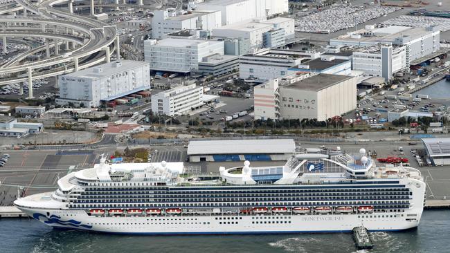 The cruise ship Diamond Princess is anchored at Yokohama Port. Picture: Kenzaburo Fukuhara/Kyodo News via AP