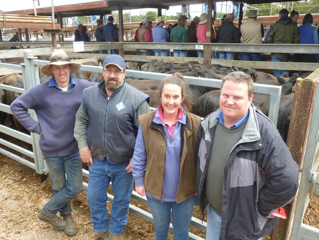 Jigsaw Farms’ team, Jack Leonard, Vinny Madden, Nina Wootton and her father Mark Wootton at the Hamilton store cattle sale. Picture: Kate Dowler