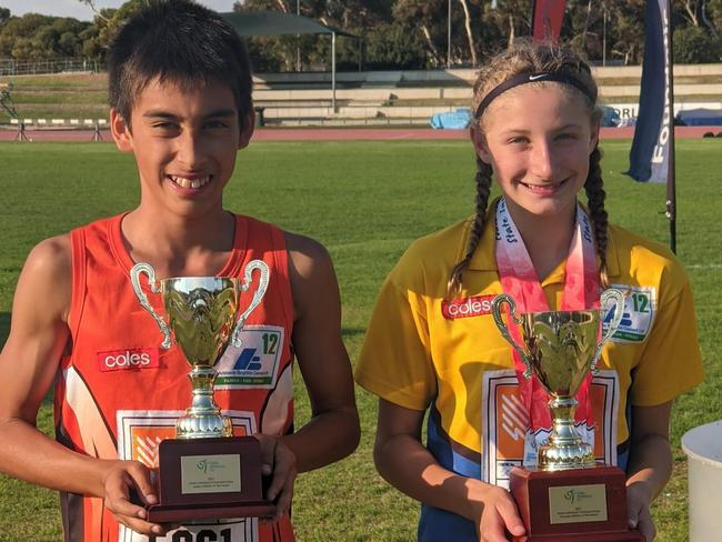 Ken Ferrante Tanikawa (left) with Iluka-Rose Taylor. Hen is competing in six events this weekend. Picture: Woodville Little Athletics