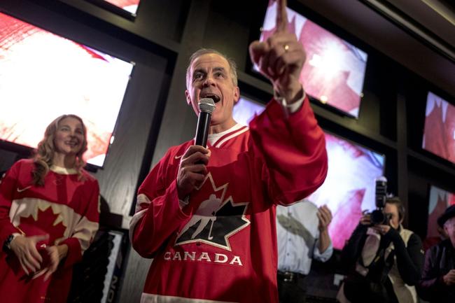 Canada's new prime minister, Mark Carney, attends a hockey watch party in Ottawa in February 2025