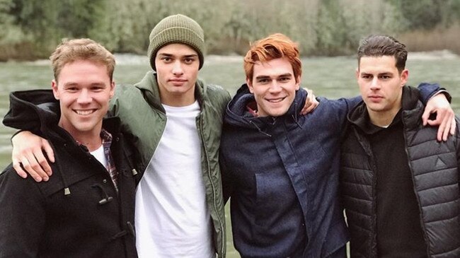 Australian actor Lincoln Lewis, model Matt Harnacke, Riverdale actor KJ Apa and musician Chris Black on set for clothing brand Hallenstein Brothers. Photo: Instagram/ @hallensteinbrothers