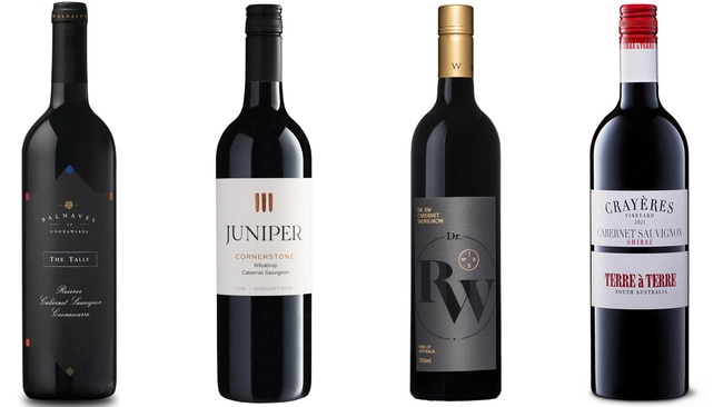 Balnaves Coonawara The Tally cabernet 2021, Junipet cabernet sauvignon 2016, Wise Dr FW Frankland cabernet sauvignon 2019 and the Terre a Terre Crayeres cabernet sauvignon shiraz 2021.