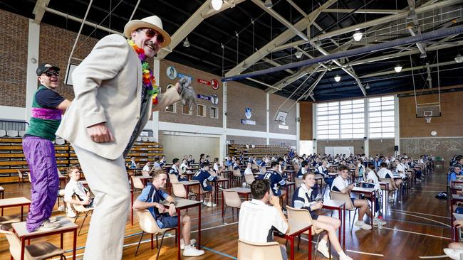 All Saints Year 12's celebrated the final QCS test ever. Teachers including principal Patrick Wallas (pictured) dressed up and surprised the students with a confetti canon and rock music at the end of the exam last year. Pic Tim Marsden