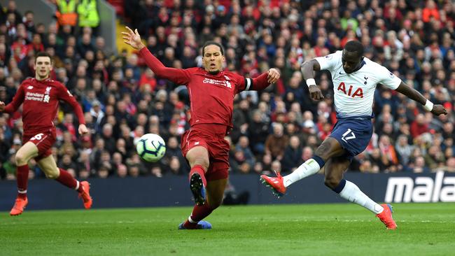 Tottenham’s Moussa Sissoko of Tottenham Hotspur shoots wide under pressure from Liverpool defender Virgil van Dijk at Anfield. Picture: Getty Images