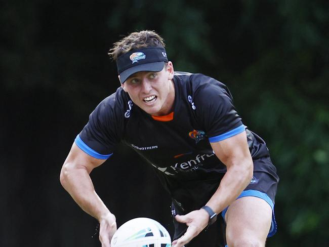 Kyle Schneider competes in a training drill at a Northern Pride pre season training session, held at West Barlow Park. Picture: Brendan Radke