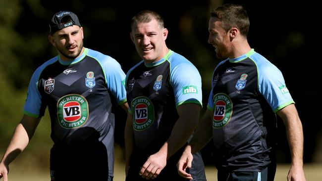 Jack Bird, Paul Gallen and James Maloney during the NSW Blues team training session.