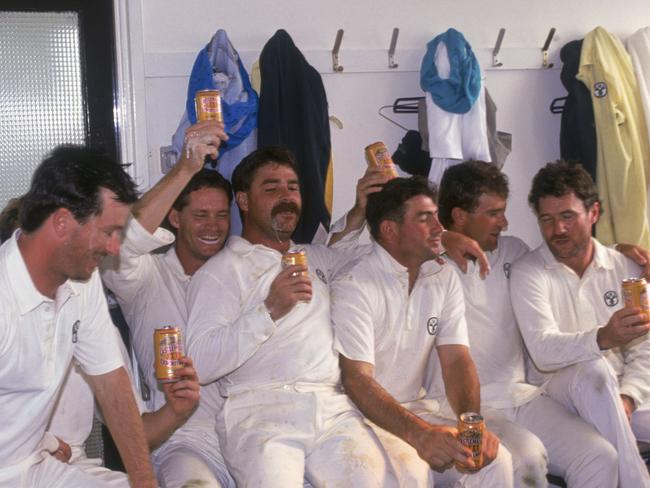 The Australian cricket team celebrate their win against England in the First Test in the Ashes series at Headingley, 13th June 1989. Tasmanian batsman David Boon is seated third from left. (Photo by Adrian Murrell/Getty Images)