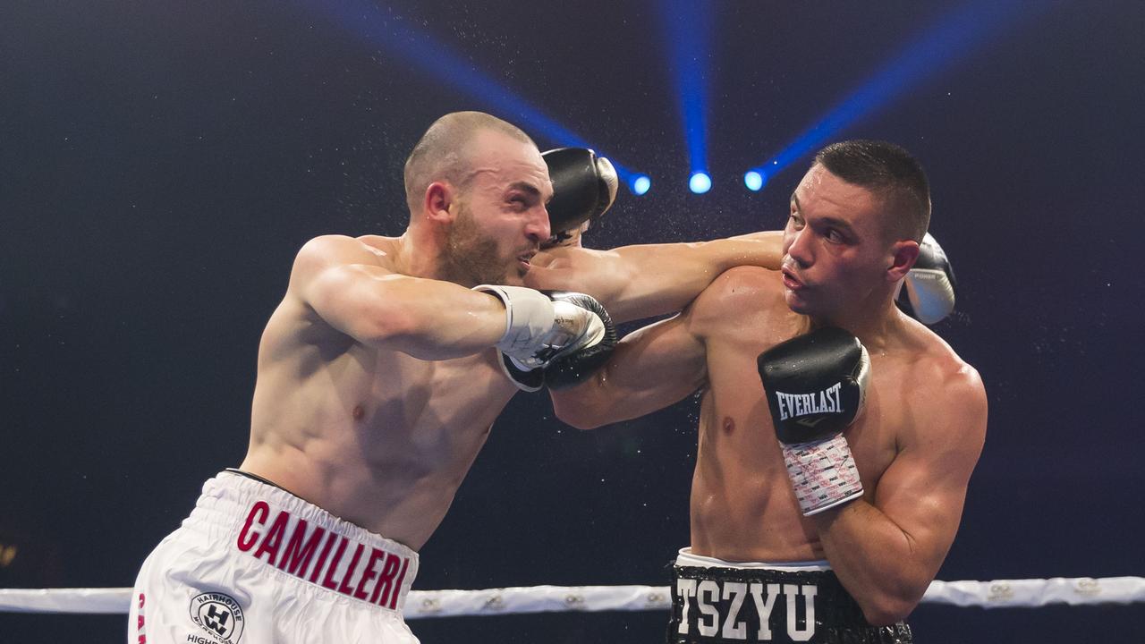 Australian boxers Tim Tszyu (right) and Joel Camilleri duel in 2019. Picture: AAP