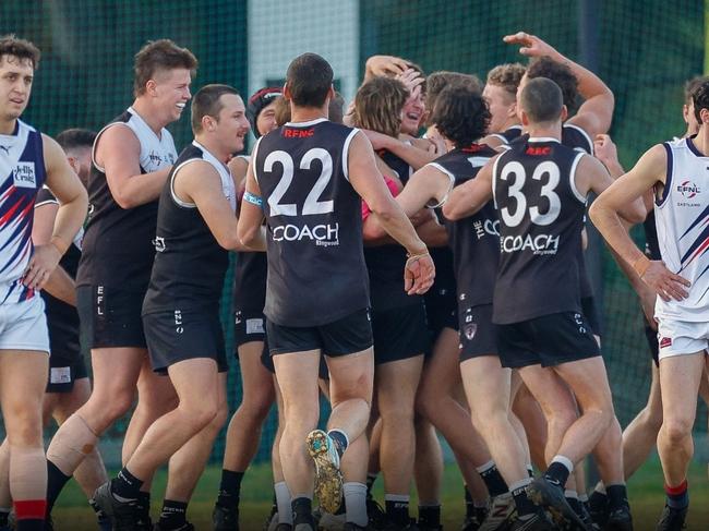 EFNL 2024: Ringwood celebrates its win over the Waverley Blues. Picture: Field of View Photography