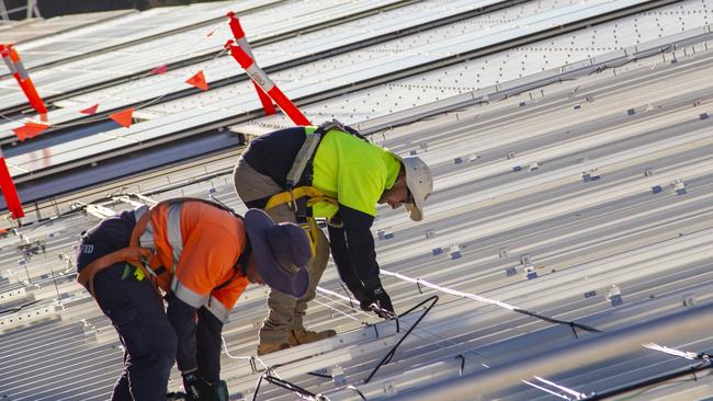 Workers installing solar panels as part of the Tonsley District Energy Project.