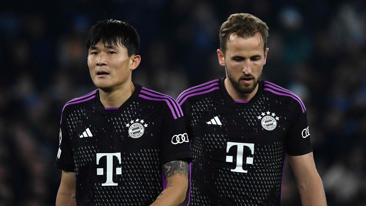 Bayern Munich's South Korean defender #03 KimÂ Min-Jae (L) and Bayern Munich's English forward #09 Harry Kane react during the UEFA Champions League last 16 first leg between Lazio and Bayern Munich at the Olympic stadium on February 14, 2024 in Rome. (Photo by Filippo MONTEFORTE / AFP)