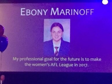 The slide with Marinoff’s career aspirations at her high school graduation in 2015. Supplied: Ebony Marinoff