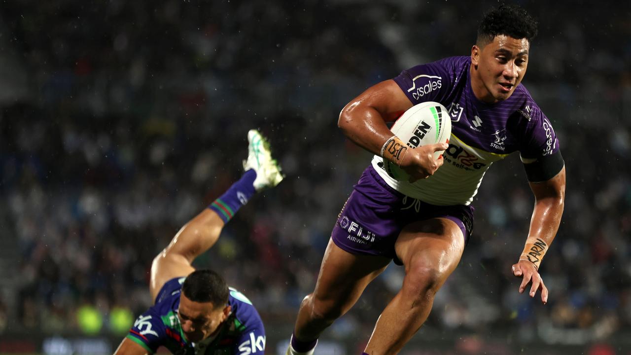 AUCKLAND, NEW ZEALAND – JUNE 15: Dean Ieremia of the Storm scores a try during the round 15 NRL match between New Zealand Warriors and Melbourne Storm at Go Media Stadium Mt Smart, on June 15, 2024, in Auckland, New Zealand. (Photo by Hannah Peters/Getty Images)