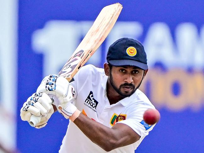 Sri Lanka's Kamindu Mendis plays a shot during the second day of the second Test cricket match between Sri Lanka and New Zealand at the Galle International Cricket Stadium in Galle on September 27, 2024. (Photo by Ishara S. KODIKARA / AFP)