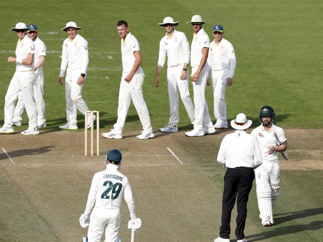 Matthew Wade speaks to the umpire after being dismissed by Josh Hazlewood. Picture: Ryan Pierse/Getty Images