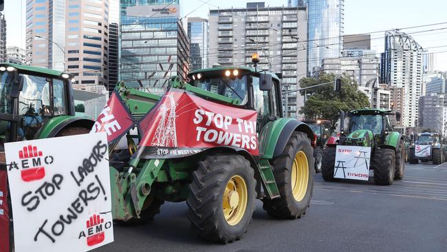 Tractors rolled through Melbourne’s CBD on Tuesday. Picture: NCA NewsWire / David Crosling.