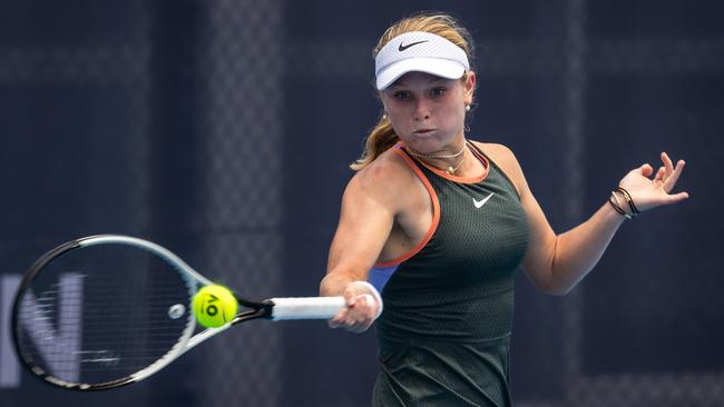 Gold Coast rising tennis star Emerson Jones, 16, winning the Perpetual NSW Open at Sydney Olympic Park on Sunday, November 3, 2024. Pictures: Tennis NSW