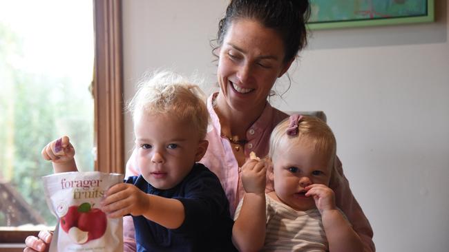 Legana's Lisa Barnett with Barnaby (30 months old) and Edwina (18 months old) Craw at their Legana home. Picture: Alex Treacy