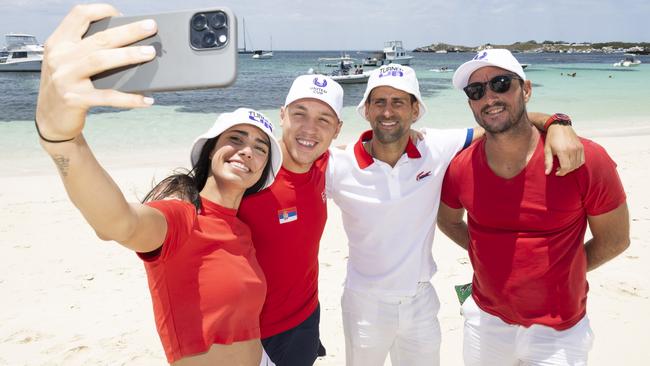 Olga Danilovic, Hamad Medjedovic, Novak Djokovic and Viktor Troicki pose for a photo on Rottnest Island. Picture: NCA NewsWire / TA Pool / Matt Jelonek