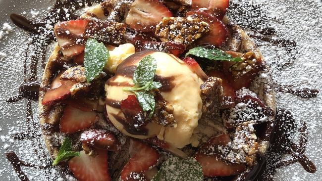 Waffles with Nutella and strawberries with praline crumb and homemade ice cream from The Fresh Pantry, Oxenford.