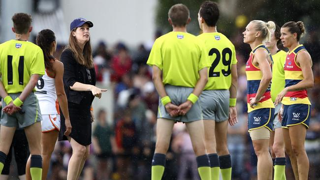 Kate Ellis tosses the coin at an Adelaide Crows AFLW game. Picture: Sarah Reed