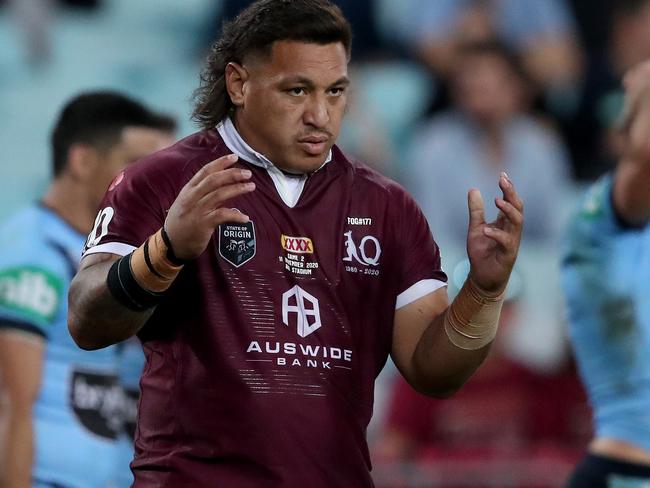 SYDNEY, AUSTRALIA - NOVEMBER 11: Josh Papalii of the Maroons reacts during game two of the 2020 State of Origin series between the New South Wales Blues and the Queensland Maroons at ANZ Stadium on November 11, 2020 in Sydney, Australia. (Photo by Cameron Spencer/Getty Images)