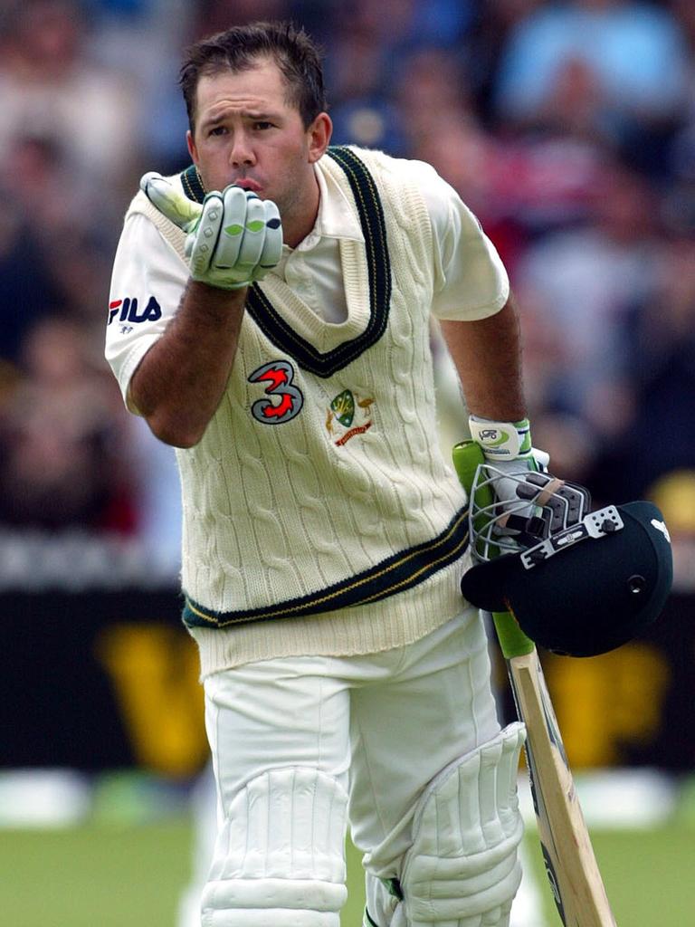 Ponting blows a kiss after reaching 200 in Adelaide.