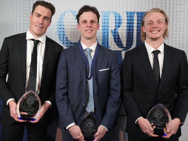 AFL Geelong Cats best and fairest Carji Greeves medal.3rd place Jeremy Cameron , Carji Greeves medal winner Max Holmes  and 2nd place Zach GuthriePicture: Mark Wilson