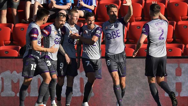 Perth Glory celebrate after scoring the opening goal against Adelaide. Picture: Getty Images