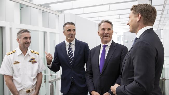 Australian Submarine Agency chief, Vice Admiral Jonathan Mead, with South Australian Premier Peter Malinauskas, Defence Minister Richard Marles and opposition defence spokesman Andrew Hastie, at the Defending Australia summit in Adelaide. Picture: Brett Hartwig