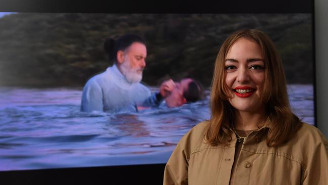 Ida Sophia with her video work Witness, winner of the $100,000 Ramsay Art Prize. Picture: Keryn Stevens