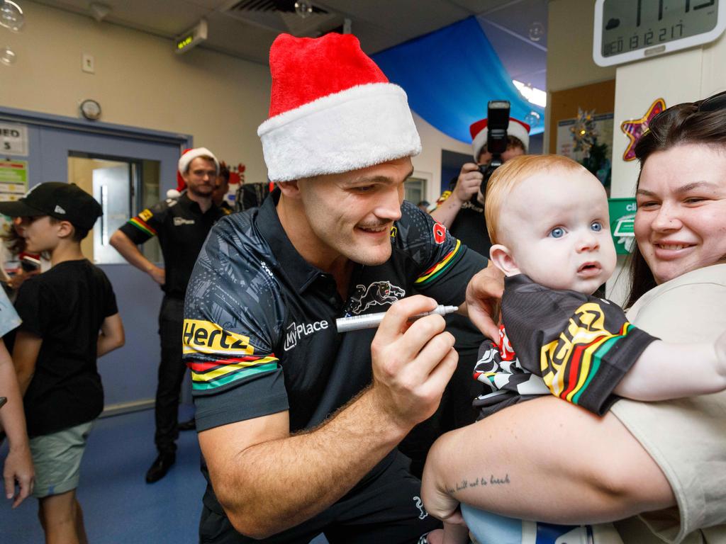 Nathan Cleary visited Nepean Hospital to deliver Christmas presents. Picture: Max Mason-Hubers