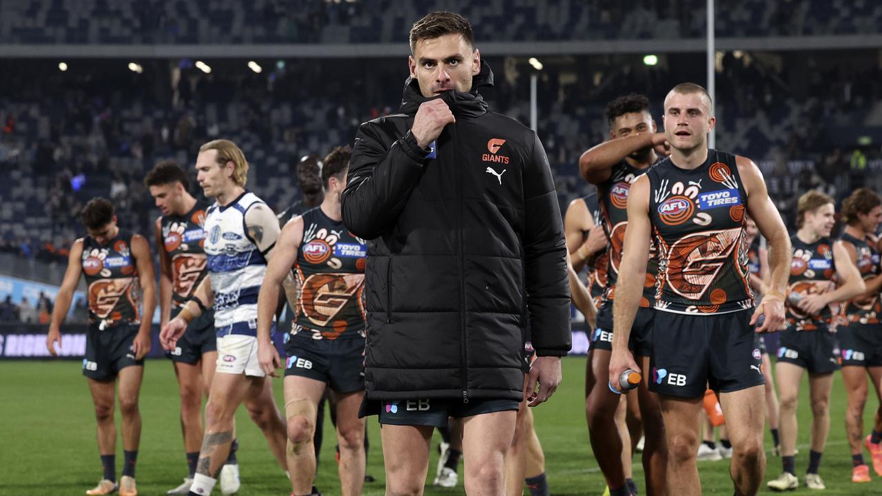 GEELONG, AUSTRALIA - MAY 25: Stephen Coniglio of the Giants is seen after being subbed out during the 2024 round 11 AFL match between Geelong Cats and Greater Western Sydney Giants at GMHBA Stadium, on May 25, 2024, in Geelong, Australia. (Photo by Martin Keep/AFL Photos/Getty Images)