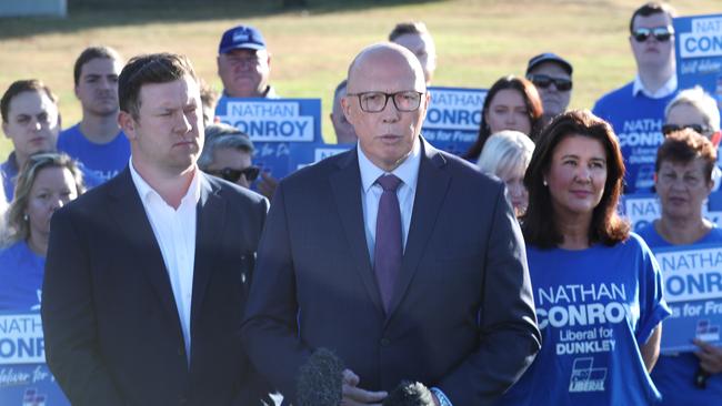 Opposition Leader Peter Dutton campaigning with Dunkley Liberal Party candidate Nathan Conroy and opposition finance spokeswoman Jane Hume on Friday. Picture: David Crosling/NCA NewsWire