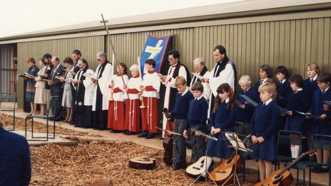 The original Trinity College pupils at St George's Parish Gawler and outside the first 'shed' at Evanston. Picture: Supplied