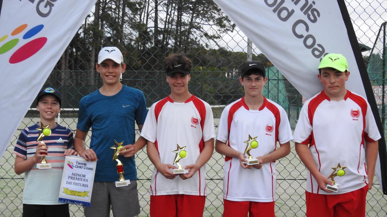 Tennis Gold Coast winners (from left to right): Logan Taylor, Ethan Brims, Louis Phillips, Blake Stoddart, Nai'a Coyle Pic: Supplied.
