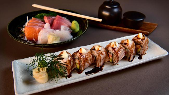 Aburi roll and sashimi platter at Wasai restaurant, Adelaide. Picture: Bianca De Marchi