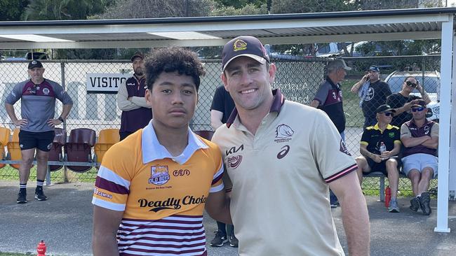 Marsden SHS man of the match Tipene Moyes with NRL 300 gamer Andrew McCullough.