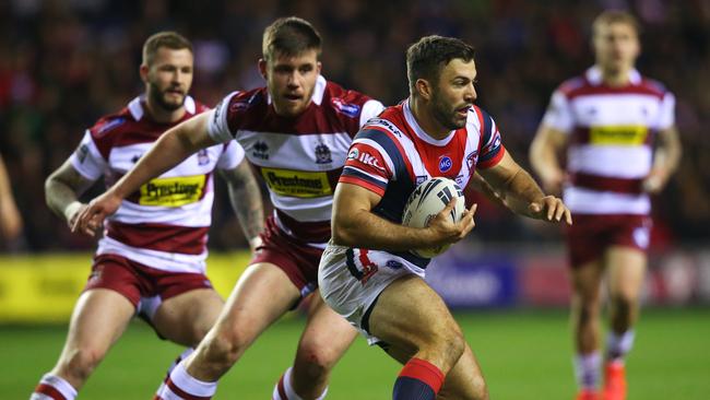 James Tedesco runs the ball during the World Club Challenge against the Wigan Warriors at DW Stadium. Picture: Getty